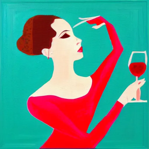 Image similar to square painting of a ballerina drinking wine in a teal room all on a red background