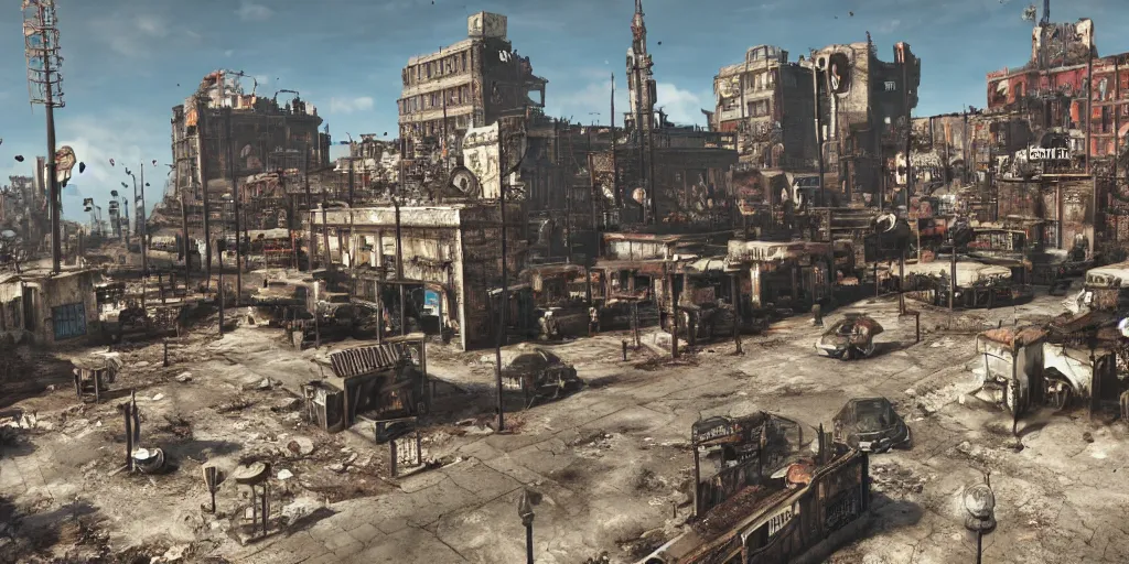 Image similar to post - apocalyptic town square, fallout style, fallout 3, fallout 4, fallout 7 6, digital art, 4 k,