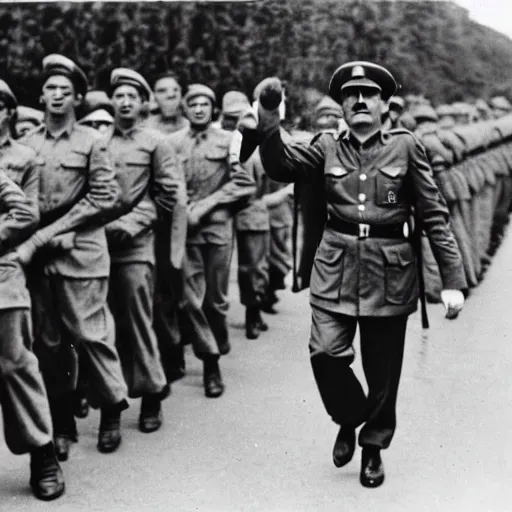 Image similar to mario as prison camp guard marching, wwii