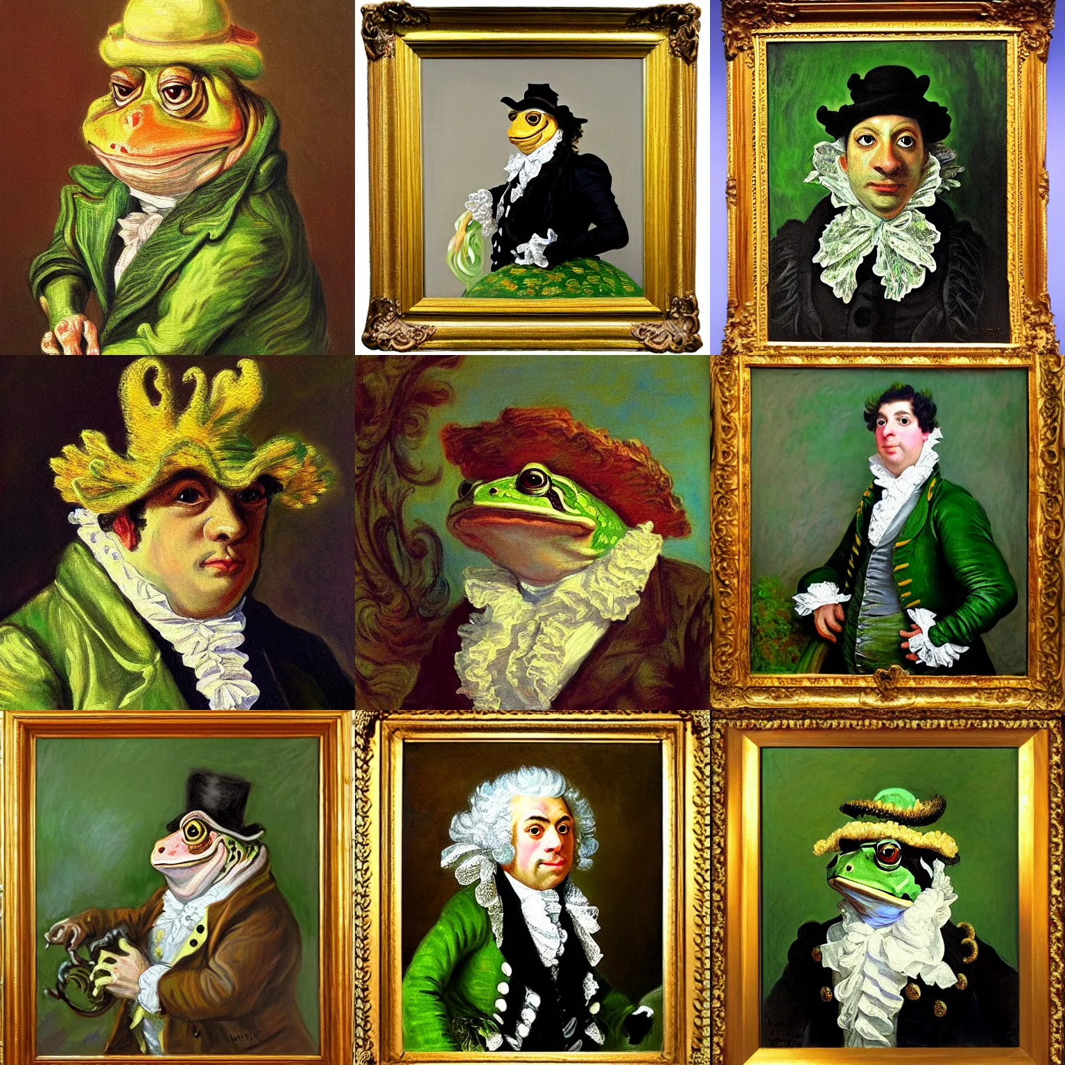 Prompt: portrait rococo painting of frog gentleman by monet