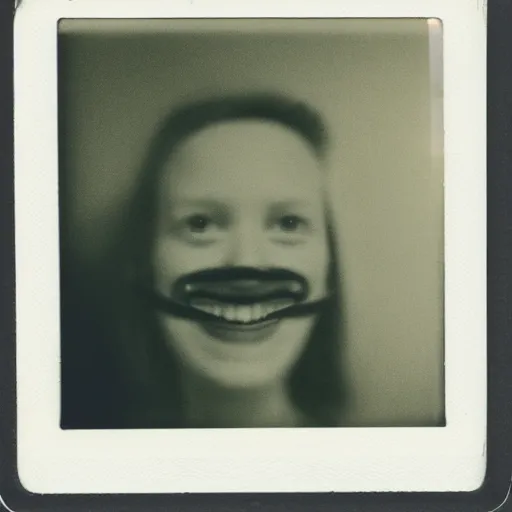 Image similar to Polaroid photography of a detached face smiling with crooked teeth in an old house