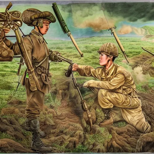 Image similar to a chinese soldier helps his comrades understand how to fight, technological growth, beautiful vintage country chocolate biodiesel wadellesacker, by wendy froud and vincent di botticelli, matte painting, an ink drawing holographic