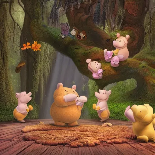 Image similar to Winnie the poo playing with piglet and owl 4k extremely detailed surrealism