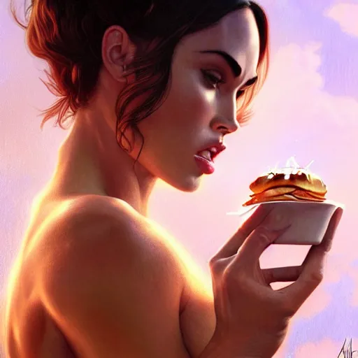 Prompt: Megan Fox devouring a big mac, closeup, D&D, fantasy, intricate, elegant, highly detailed, digital painting, artstation, concept art, matte, sharp focus, illustration, art by Artgerm and Greg Rutkowski and Alphonse Mucha