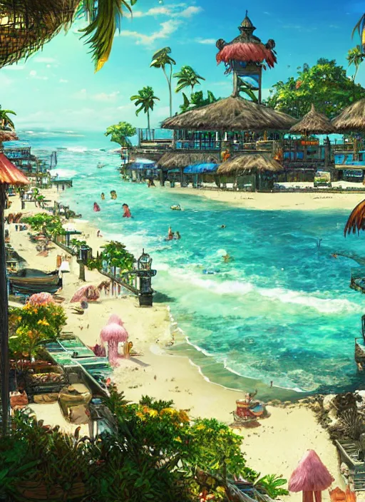Image similar to Fantasy tropical port town view of the beach. hidari, color page, tankoban, 4K, tone mapping, Akihiko Yoshida.