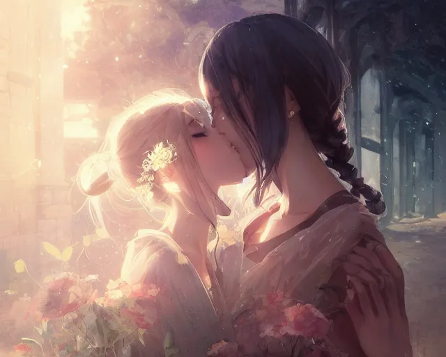 Image similar to two beautiful girls kissing, sharp details, sharp focus, elegant, highly detailed, illustration, by jordan grimmer and greg rutkowski and pine ( ハイネ ) and 薯 子 imoko and 香 川 悠 作 and wlop and maya takamura, intricate, beautiful, trending artstation, pixiv, digital art