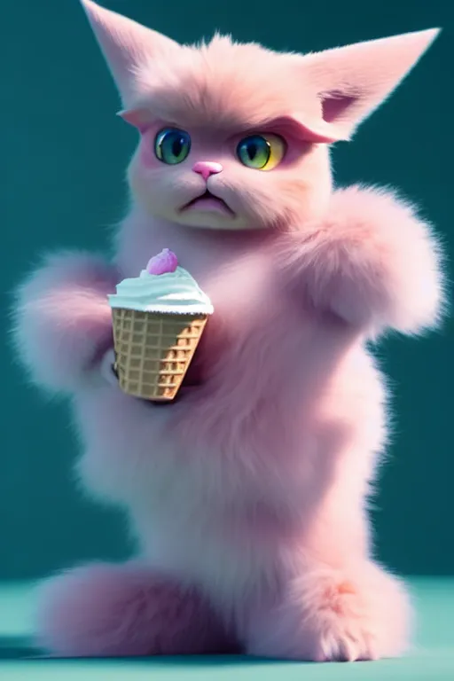 Image similar to high quality 3 d render hyperrealist very cute pastel fluffy! grumpy gargoyle cat hybrid eating giant ice cream full body, vray smooth, in the style of detective pikachu, hannah yata charlie immer, dramatic pink light, low angle, uhd 8 k, sharp focus