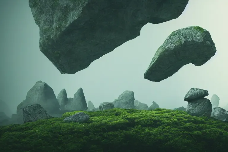 Image similar to levitating rocks in lush mountain forest, floating, octane render, cinematic, blade runner 2049, Imax, dramatic composition and lighting, strange, weird, award winning photography, dreamlike, 8k,