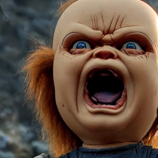 Image similar to chucky doll screaming while fighting the mountain in game of thrones