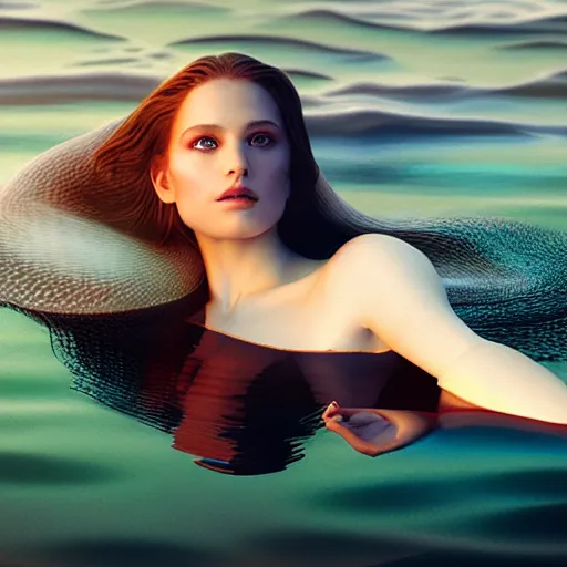 Image similar to photographic portrait of a stunningly beautiful siren renaissance female, floating on a lake, in soft dreamy light at sunset, contemporary fashion shoot, by edward robert hughes, annie leibovitz and steve mccurry, david lazar, jimmy nelsson, extremely detailed, breathtaking, hyperrealistic, perfect face, octane render