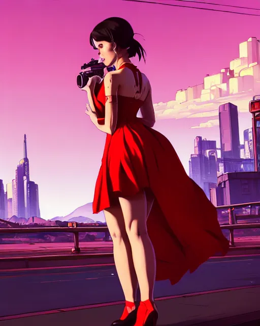 Image similar to portrait of cute girl in a red dress, gta v cover art, borderlands style, celshading, sharp focus, intricate, detailed, by rhads, andreas rocha, rossdraws, makoto shinkai, laurie greasley, lois van baarle, ilya kuvshinov and greg rutkowski, dynamic lighting, sharp focus, grunge aesthetic, 4 k