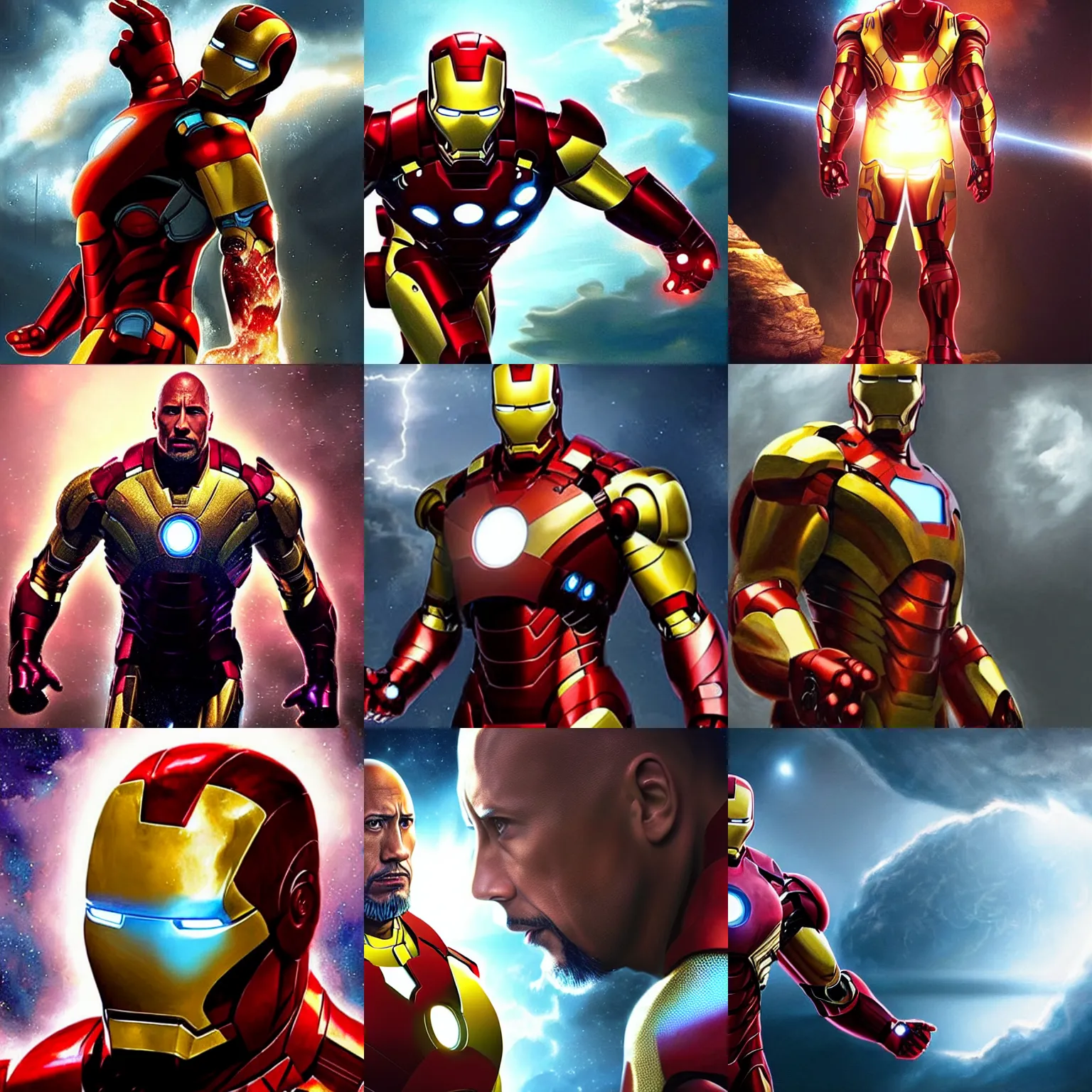 Prompt: photorealistic art of Dwayne Johnson as iron man, dynamic lighting, space atmosphere, hyperrealism, stunning visuals