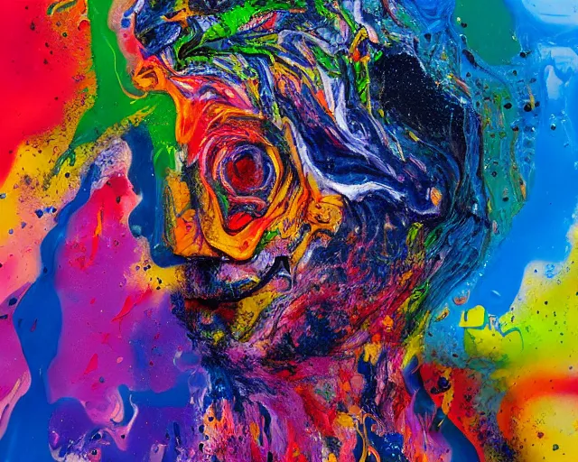 Image similar to abstract expressionist portrait of a head showing strong negative emotions painted with very thick impasto paint and acrylic pour and coloured powder explosion and splashing paint and dripping paint and flying paint chunks, motion blur, hyperrealistic, intricate art photography, anatomically correct, realistic crisp textures, 1 6 k