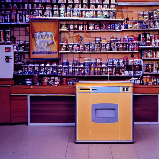 Image similar to large metallic skull attached to an infinitely long coiled cable, stoic and calm, inside of an unlit 1970s convenience store with a soviet computer console on the wall, ektachrome photograph, volumetric lighting, f8 aperture, cinematic Eastman 5384 film