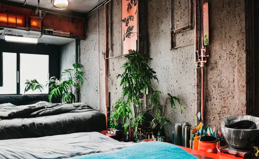 Image similar to maximalist interior of a japanese bedroom, concrete, cyberpunk, japanese neon signs, retro futuristic, old brick walls, bed, cupboards, rough wood, grey, anthracite, turquoise, akihabara style, swedish style, green plants, window with a view of apartment blocks, 8K