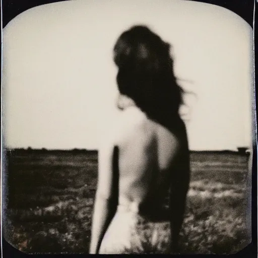 Prompt: an aged polaroid photo of a young woman seen from behind, a nuclear bomb explosion in the horizon, high contrast, film grain, color bleed