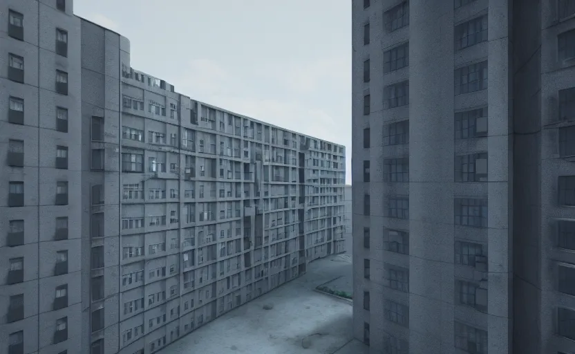 Image similar to brutalist architecture building, apartment complex, octane render, artstation trending, highly detailded