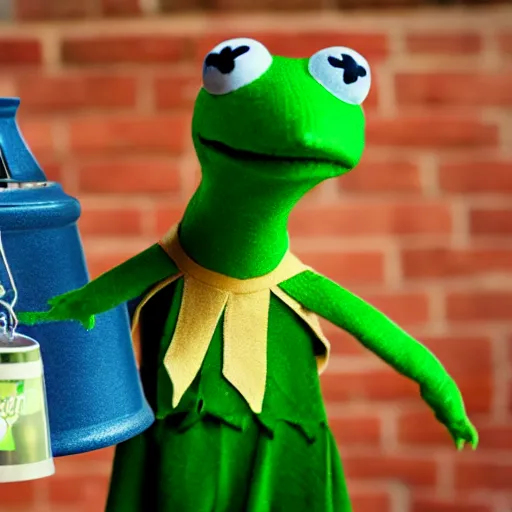 Prompt: Kermit the frog as a sock puppet, ringing a bell, high definition, award winning