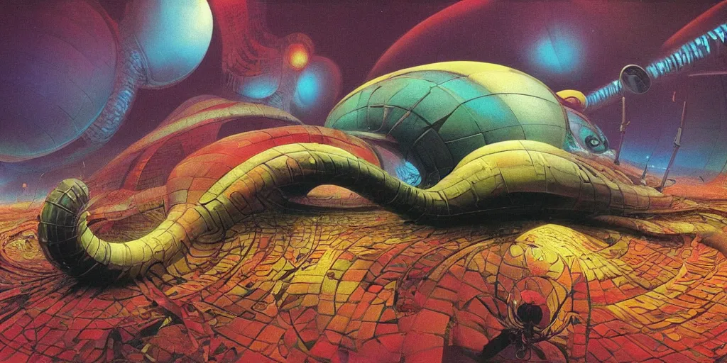 Prompt: colourful afrofuturist biomorphic opart, 6 0 s space age design photography, future retro, giant biomechanical snail larger than a temple, pascal blanche, roger dean, josh kirby, greg hildebrandt, beksinski, scifi, 8 k