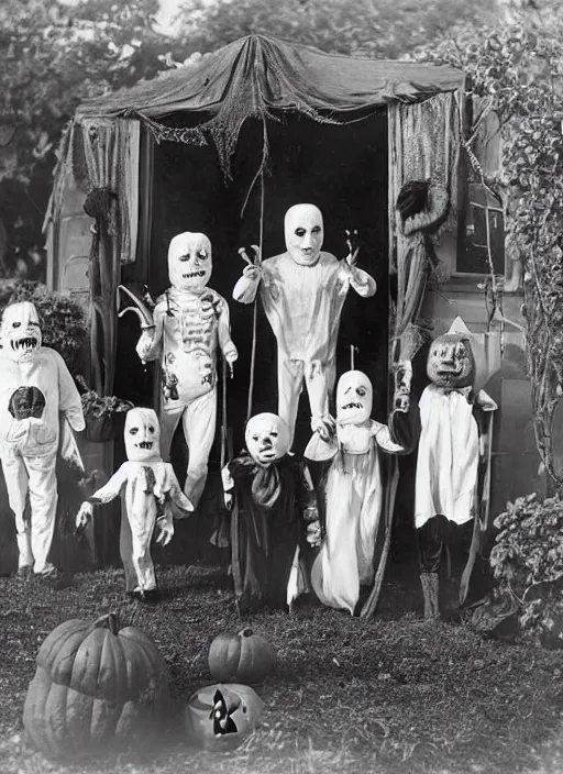 Image similar to photograph from 1902 of Halloween trick or treaters wearing Universal Monsters costumes, highly detailed, vintage film