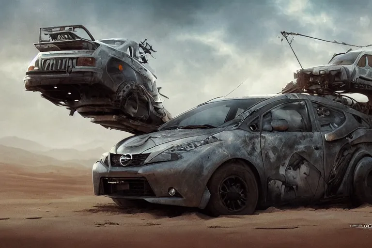 Image similar to a Nissan Tiida, in Mad Max style, coriolios rpg art style, full of details, dark sci-fi, white, matte painting, artstation, 8k, hyperrealistic, style of peter mohrbacher