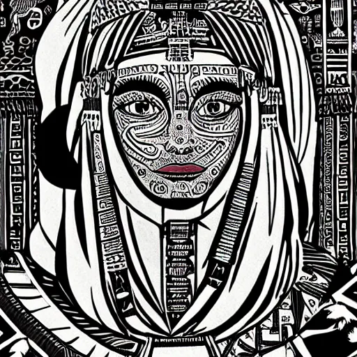 Prompt: mcbess and rutkowski portrait of the queen of an ancient civilisation. its people were said to be wise and just, and their city was a beautiful place full of wonderful buildings and treasures.