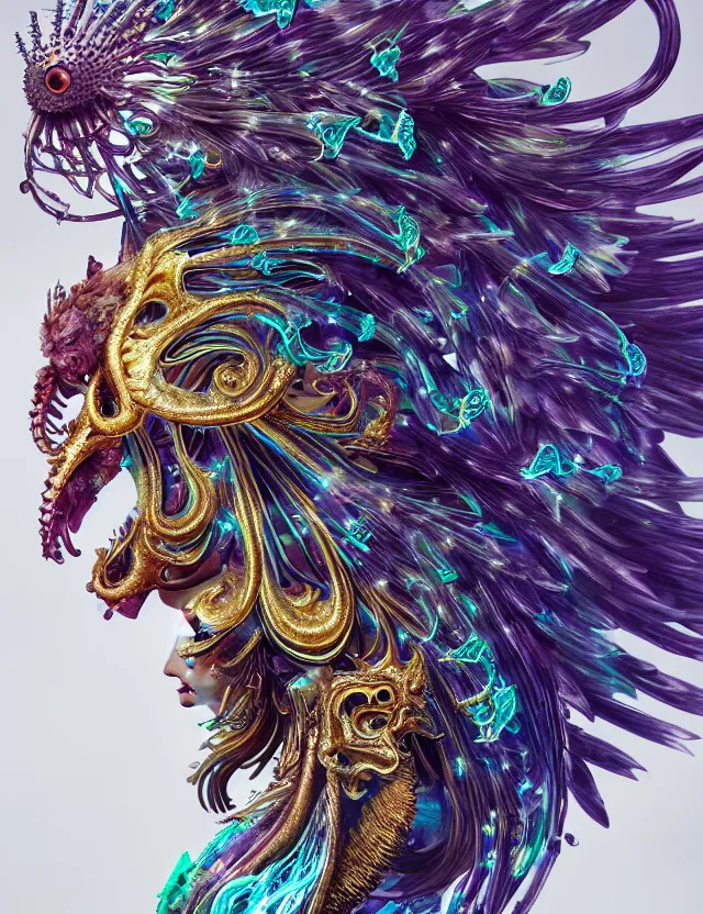 Image similar to goddess phoenix macro close - up portrait with crown made of ram skull. phoenix, betta fish, jellyfish, bioluminiscent, plasma, wind, creature, super intricate ornaments artwork by tooth wu and wlop and beeple and greg rutkowski