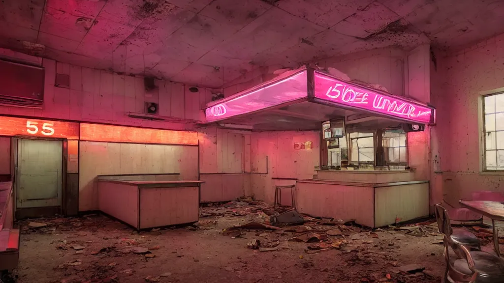 Image similar to the inside of an abandoned 5 0's diner at night, by lee madgwick, pink and orange neon lights, highly detailed interior, artstation trending, cryenging 8 k uhd