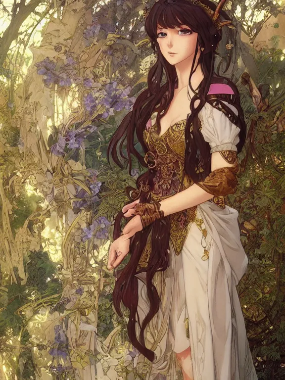 Image similar to anime key visual of amora the enchantress wearing a medieval gown!! intricate, magical forest, stunning, highly detailed, digital painting, artstation, smooth, hard focus, illustration, art by artgerm and greg rutkowski and alphonse mucha