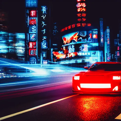 Image similar to photo of a dragon at night in a city, cinematic, 4 k, long exposure photography, tokyo drift, fast and furious, film still, night photography, motion blur, lens flare, movie shot, light trail, distortion, wide angle, reflections
