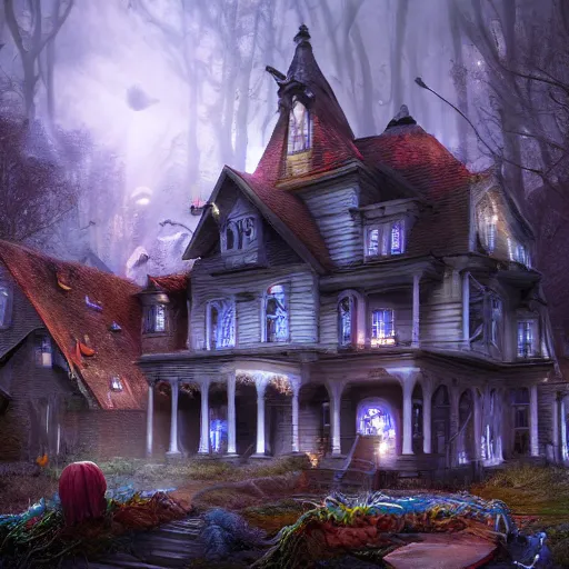 Prompt: spooky House party, Fantasy Hyper detailed digital matte painting, concept art, hyperrealism, Cinema 4D, 8k resolution, 64 megapixels, coherent, bokeh, CGSociety, ZBrush Central, behance HD, hypermaximalist, a masterpiece, 4K