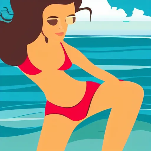 Prompt: a beautiful flat illustration of a woman on the beach in swimsuit by hed kandi, adobe illustrator