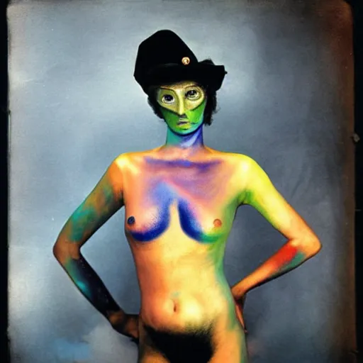 Image similar to iridescent bodypaint on a swashbuckling space pirate, photo by diane arbus