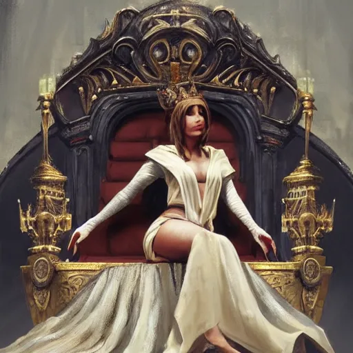 Prompt: A painting of a queen sitting on a throne by Greg Rutkowski, oil painting, realism, trending on artstation
