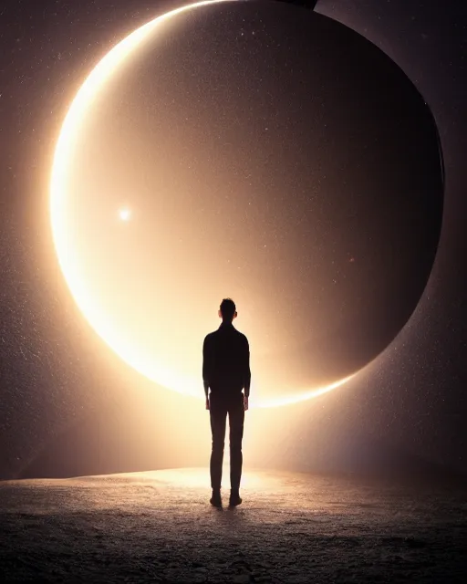 Image similar to a person standing in front of a glowy open door that's on a barren moon, poster art by mike winkelmann, trending on cg society, space art, sci - fi, ue 5, futuristic, volumetric lighting, light casting onto the ground, neat composition and camera angle