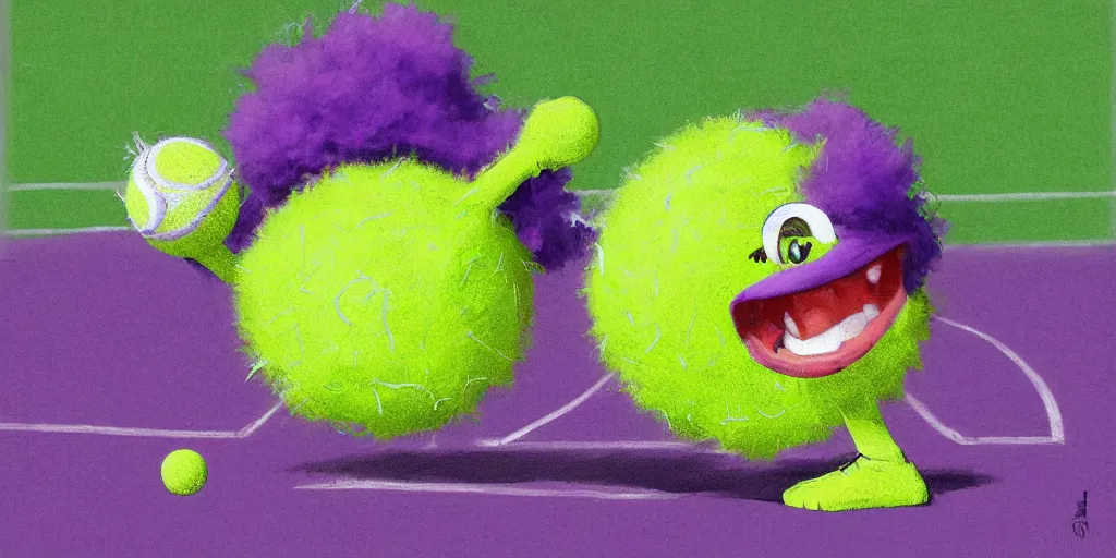 Image similar to tennis ball monster playing on a tennis court, tennis net, tennis stadium, purple, digital art, fantasy, magic, chalk, chalked, trending on artstation, ultra detailed, detailed, fine details, professional illustration by basil gogos