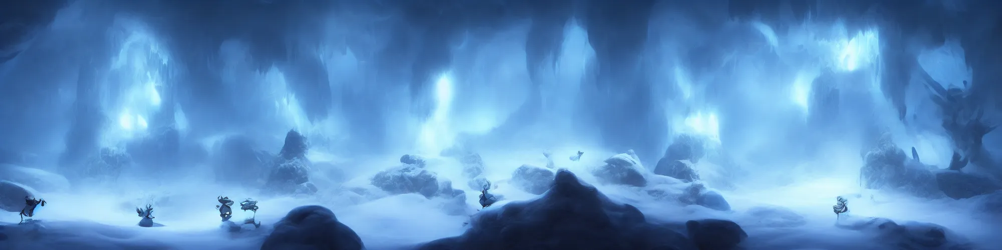 Image similar to huge snow cave with cinematic lighting in the style of ori and the blind forest, highly detailed, digital art 4k, 8k