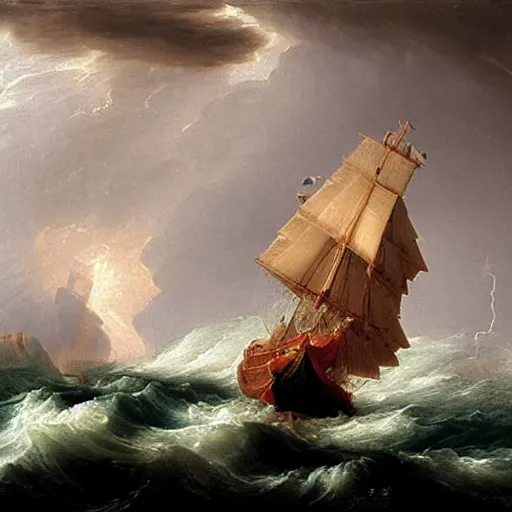 Image similar to an oil painting of an xviii century ship at sea during a thunderstorm, highly detailed, 4 k, painted by thomas cole