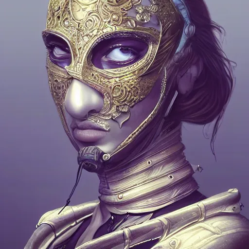 Image similar to Very very very very highly detailed epic photo of face with venetian mask, intricate, dystopian, sci-fi, extremely detailed, digital painting, artstation, concept art, smooth, sharp focus, illustration, intimidating lighting, incredible art by Artgerm and Anton Pieck