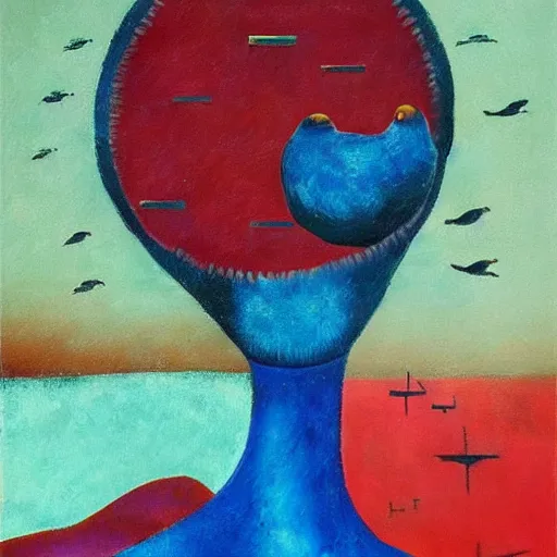 Image similar to Oil painting by Rufino Tamayo. Mechanical gods with bird faces kissing. Oil painting by Lisa Yuskavage.