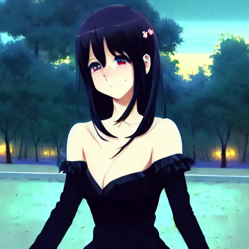 Image similar to a beautiful anime girl with dark hair, wearing a black dress, rainy weather, park background, intricate, highly detailed, digital painting, artstation, anime key visual, concept art, dramatic lighting, sharp focus, illustration, art by Artgerm, Makoto Shinkai, Ilya Kuvshinov, Lois Van Baarle, and Rossdraws