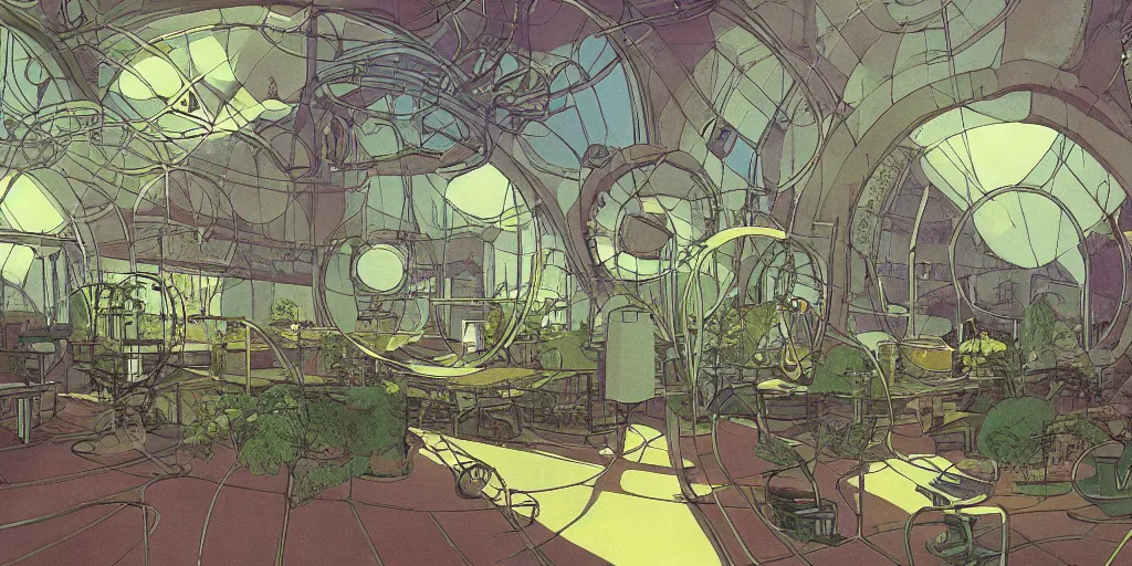 Image similar to illustrated 90s science lab interior with organic circular windows, natural starlight, bright colors, romantic greenery, flowers, cinematic, cyberpunk, smooth, chrome, lofi, nebula, calming, dramatic, fantasy, by Moebius, by zdzisław beksiński, fantasy LUT, studio ghibli, high contrast, epic composition, sci-fi, dreamlike, surreal, angelic, 8k, unreal engine, hyper realistic, fantasy concept art,