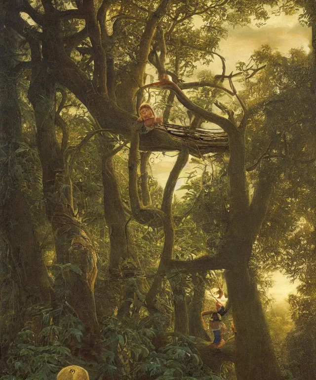 Image similar to masterful oil on canvas painting, eye - level view, shot from 5 0 feet distance, of a kid playing in a treehouse. in the background is a whimsical sparse forest. by ambrosius benson and gerald brom. golden hour, detailed, depth, volume, chiaroscuro, quiet intensity, vivid color palette.