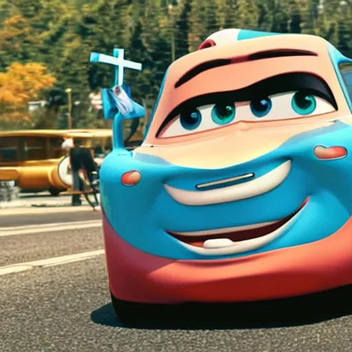 Prompt: car jesus christ on the cross as a car, as a car from the movie pixar's cars 2,