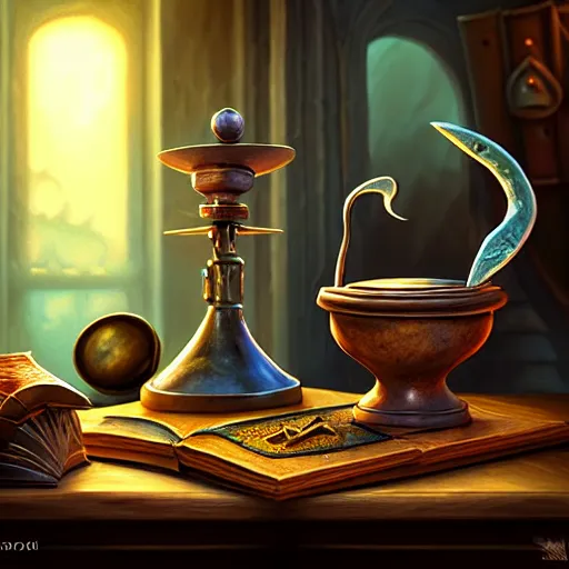 Image similar to photorealistic, table, wizards laboratory, mortar, pestle, scales, magic book, tony sart,