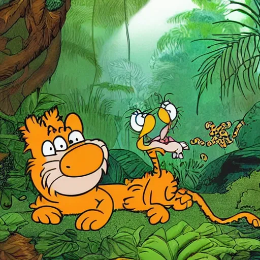 Image similar to Garfield and odie in the jungle, by Jim Davis