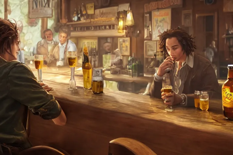 Prompt: frank dillane drinking beer and winnie the pooh eating honey at a bar counter, intricate, detailed, realistic, digital painting, sharp focus, octopath traveler, unreal engine 5 highly rendered, detailed face