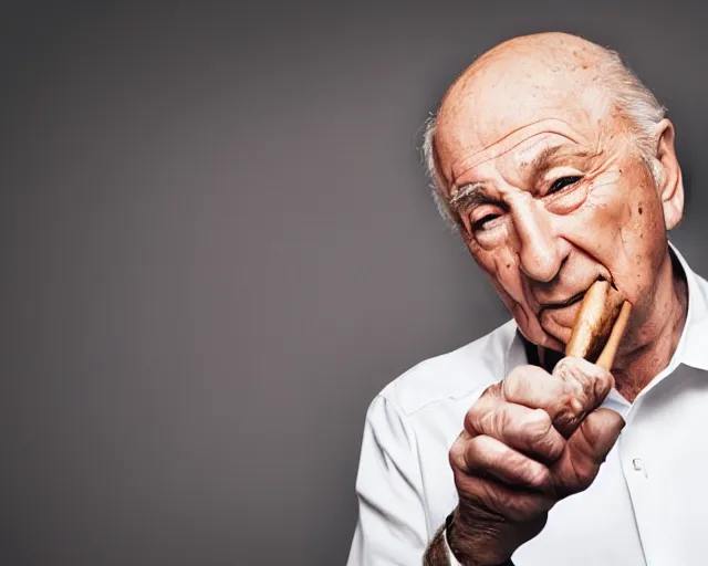 Image similar to piero angela lighting a cigar, intense photo, studio lighting, mood, feels