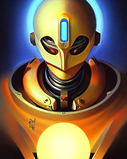 Image similar to zenyatta from overwatch, character portrait, portrait, close up, vintage fantasy art, vintage sci - fi art, radiant light, caustics, by boris vallejo