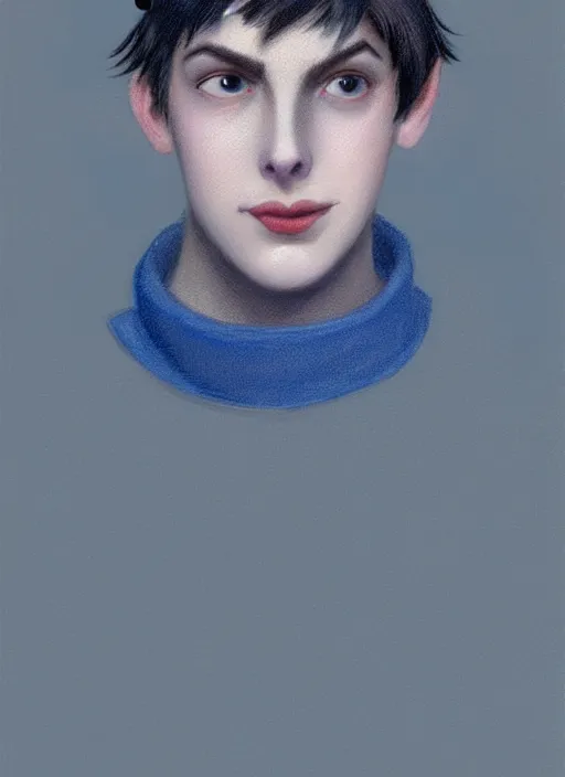 Image similar to portrait of teenage jughead jones wearing a light grey crown, crown, light grey crown, blue turtleneck, 1 9 5 0 s, closed eyes, intricate, elegant, glowing lights, highly detailed, digital painting, artstation, concept art, smooth, sharp focus, illustration, art by wlop, mars ravelo and greg rutkowski